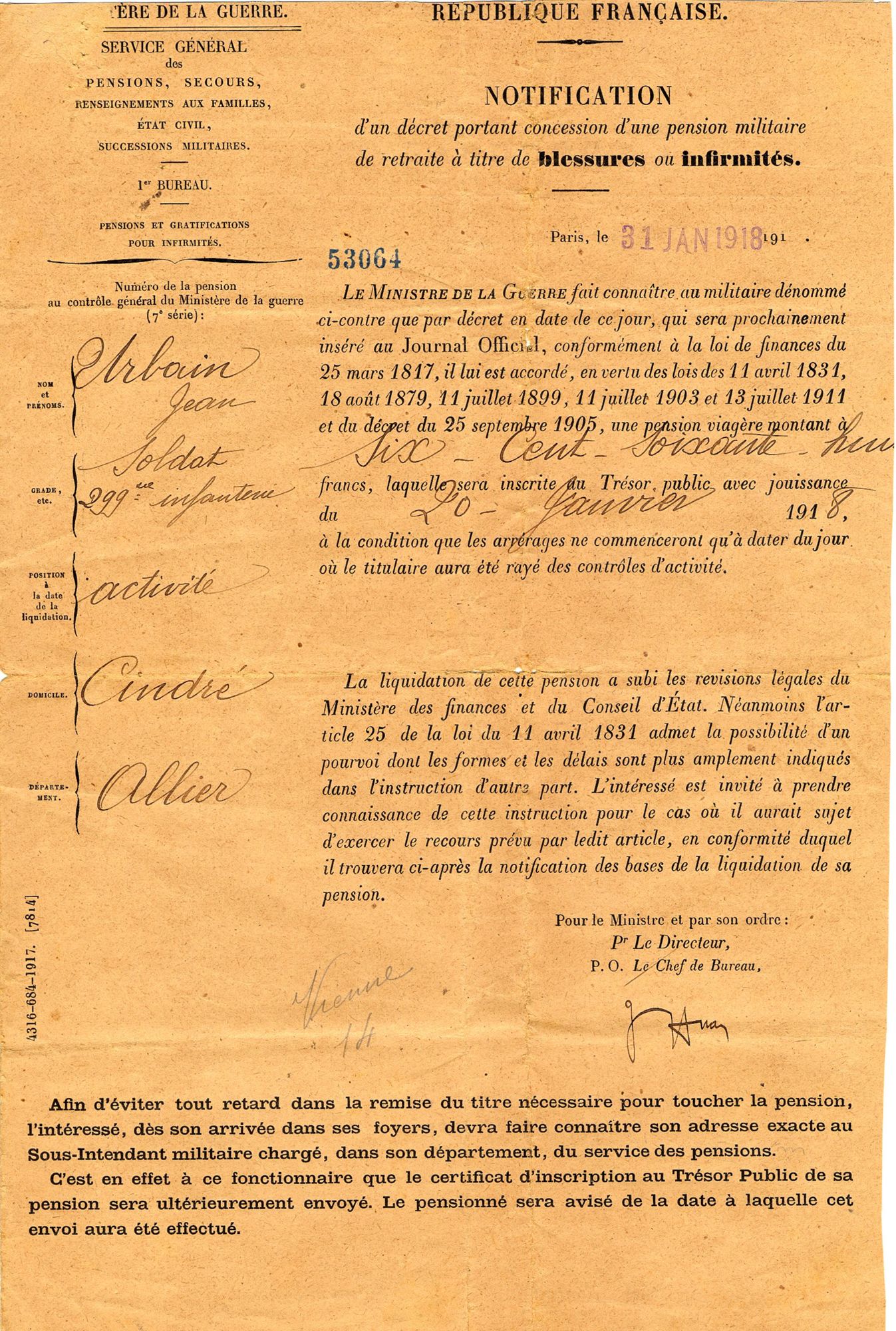 Documents relatifs à la pension pour blessure de Jean Urbain