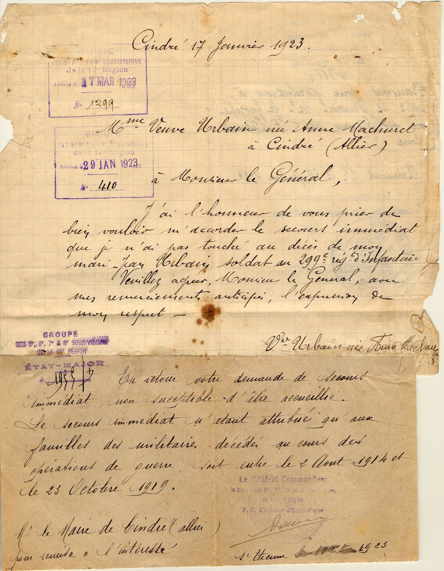 Courriers de la veuve de Jean Urbain visant à faire obtenir des secours en faisant reconnaître les blessures de son mari comme des blessures de guerre