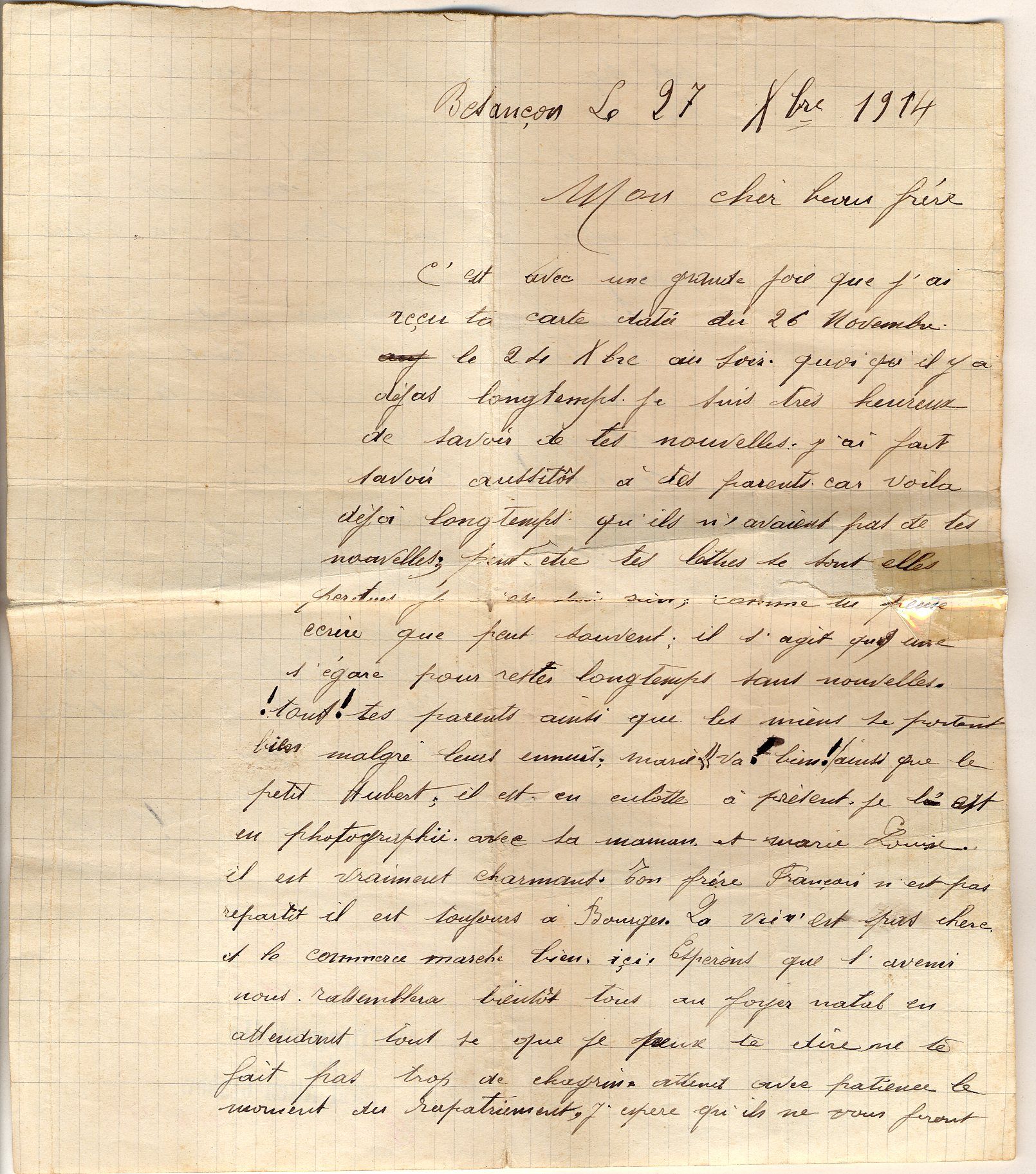 Lettre du beau-frère de Louis Valette, 27 décembre 1914