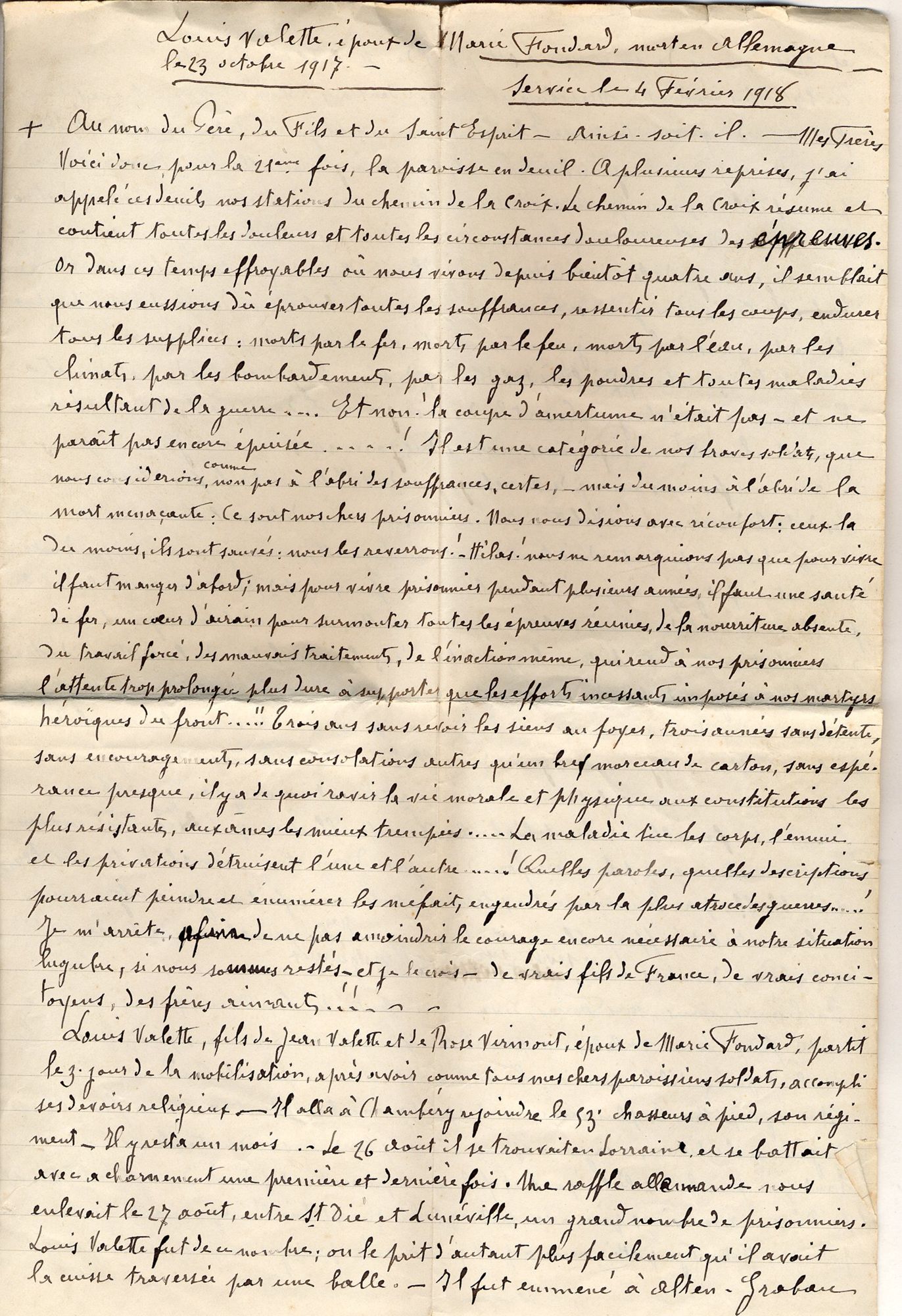 Texte du sermon à la sépulture de Louis Valette, 3 février_1918