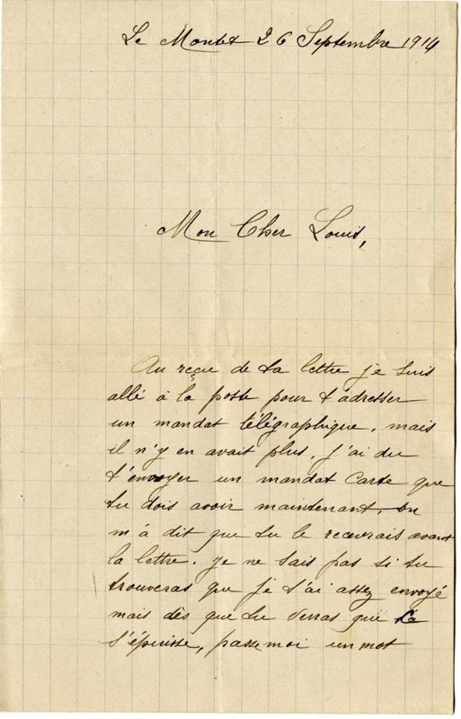 Lettre de l'épouse de Louis Pioton, Marie, épicière au Montet, se plaignant des difficultés d'approvisionnement, 26 septembre  1914