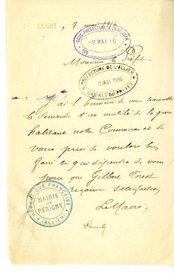 Lettre de Gilbert Forest, blessé de guerre, de Périgny, 7 mai 1916Fermer