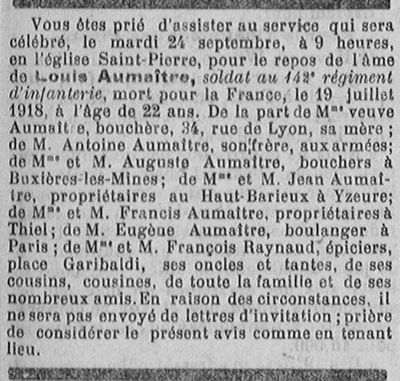 Sources : Archives départementales de l’Allier. Journal Le Courrier de l’Allier, 24/09/et 13/10/1918.
