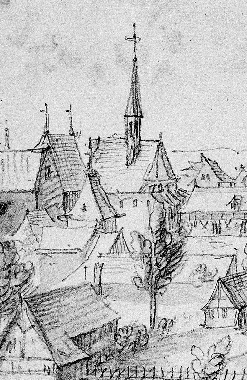 Saint-Pierre-des-Ménestraux (dessin d'Etienne Martellange, 1615, Ashmolean Museum d’Oxford, WA.C.LAR.II.110).