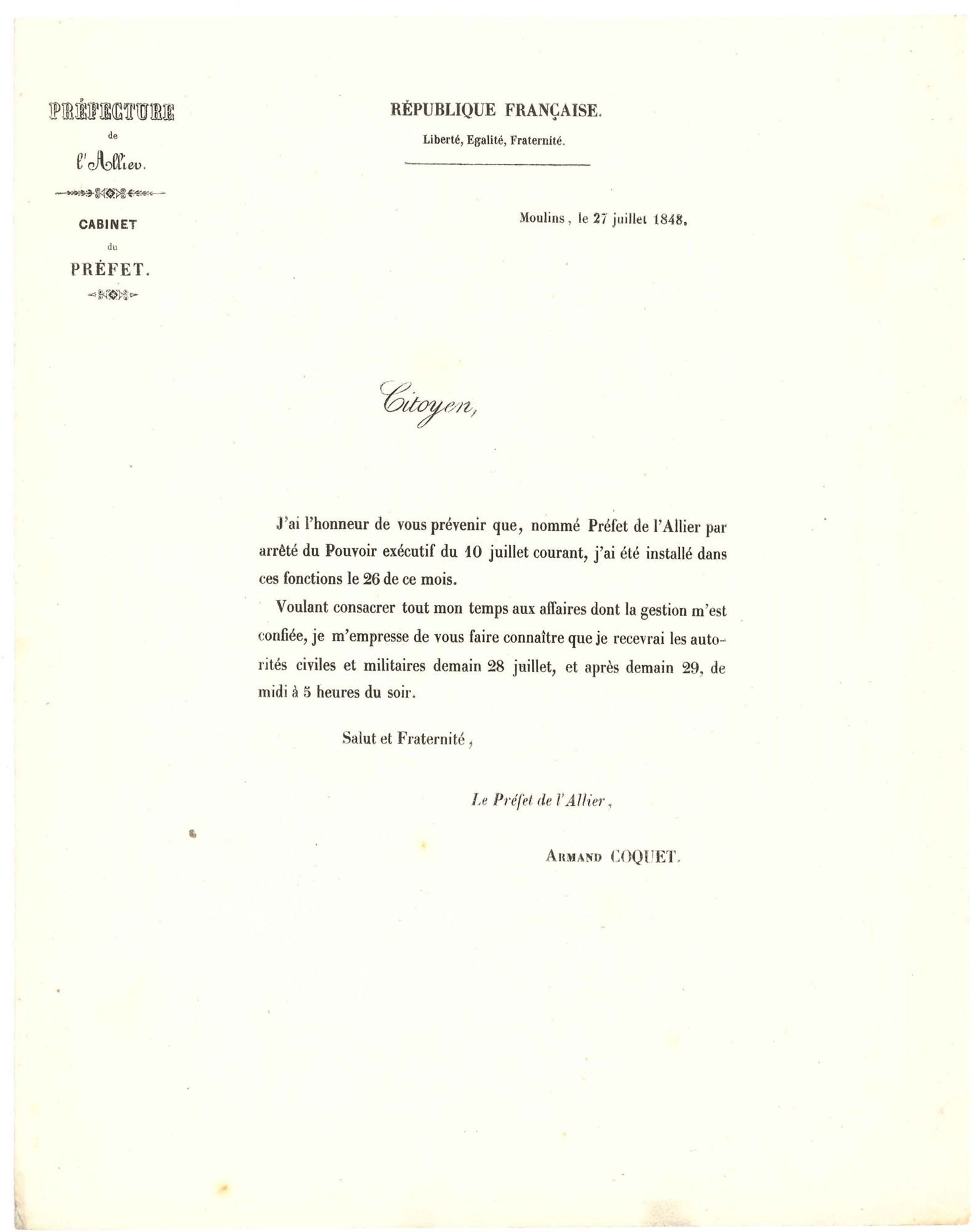 Lettre circulaire annonçant la prise de fonctions du préfet Coquet (2 M 11)